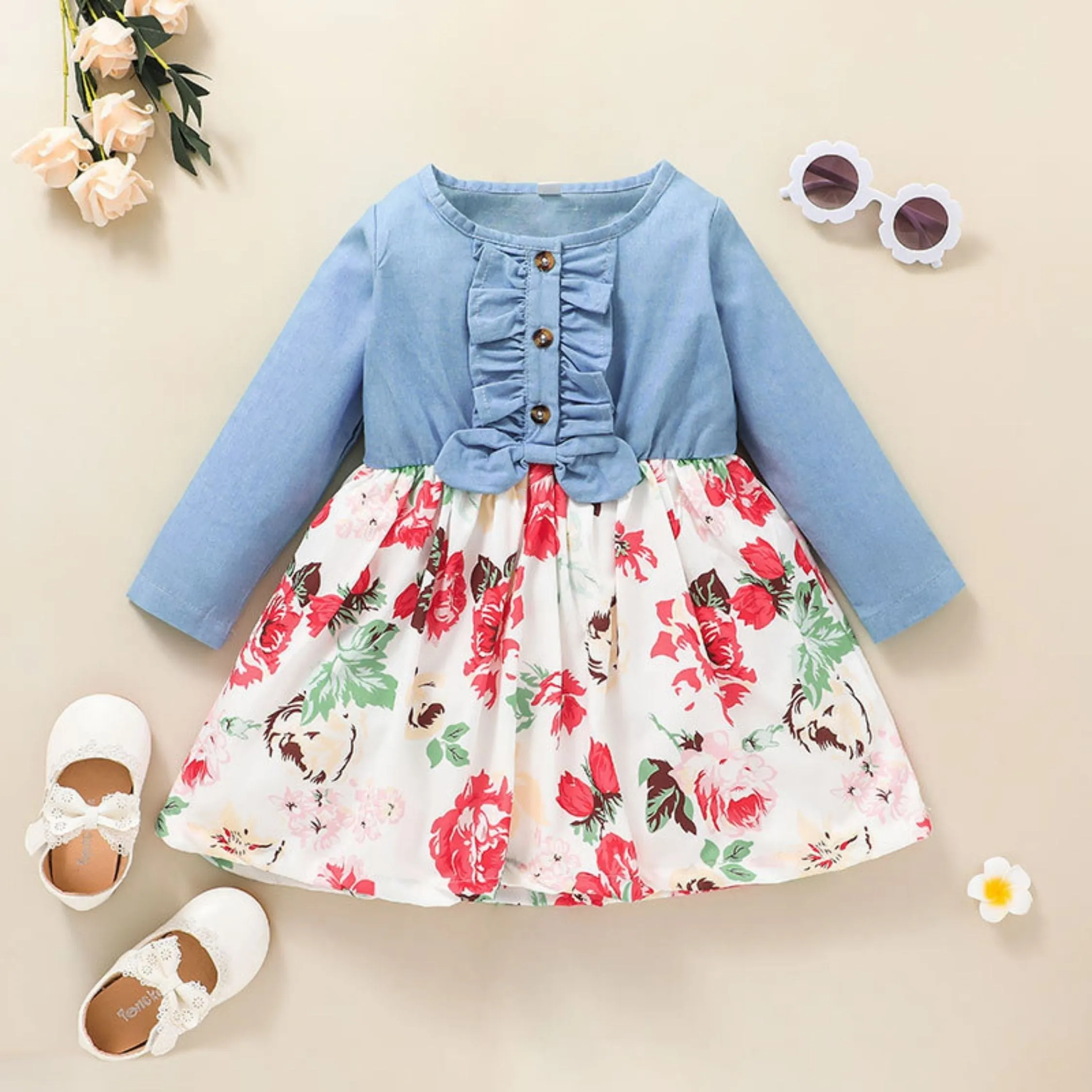 Full Sleeve Floral Pattern Girls Dress, Blue