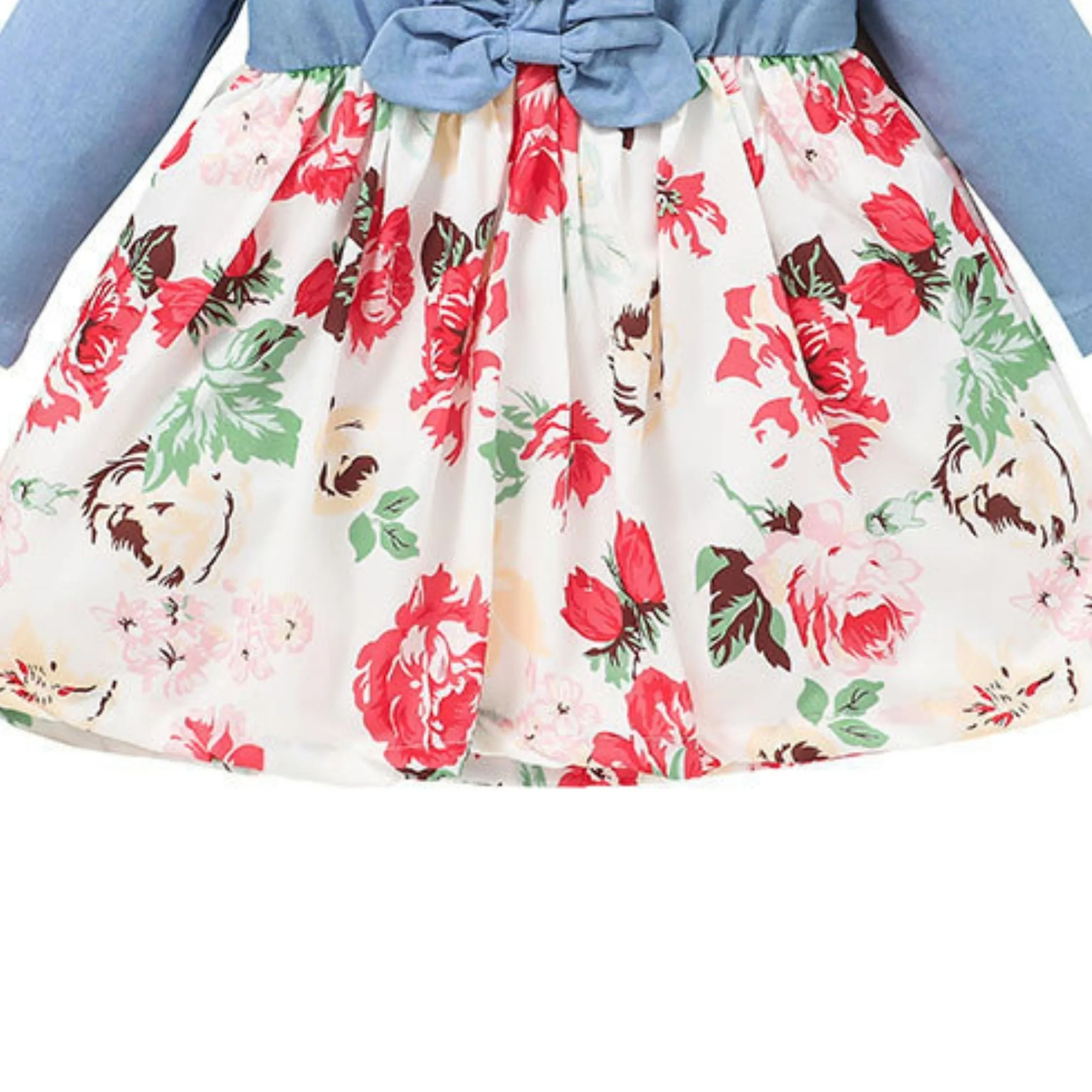 Full Sleeve Floral Pattern Girls Dress, Blue