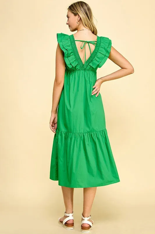Green Double Ruffle Midi Dress
