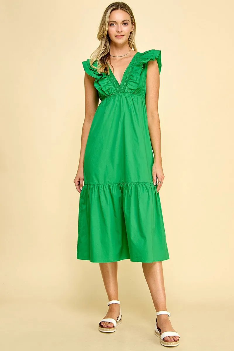 Green Double Ruffle Midi Dress