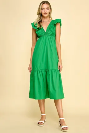 Green Double Ruffle Midi Dress