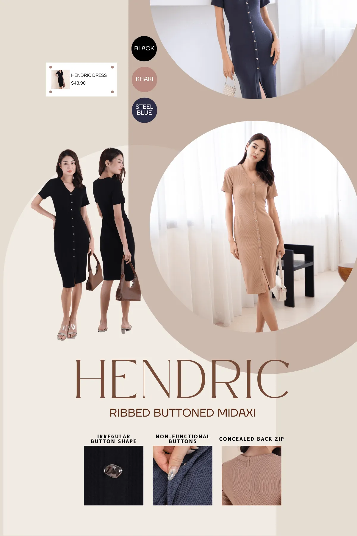 HENDRIC RIBBED BUTTONED MIDAXI IN BLACK