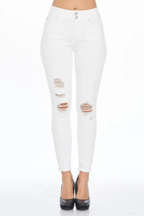 High Rise White Skinny Jeans with Destructions - EP3313