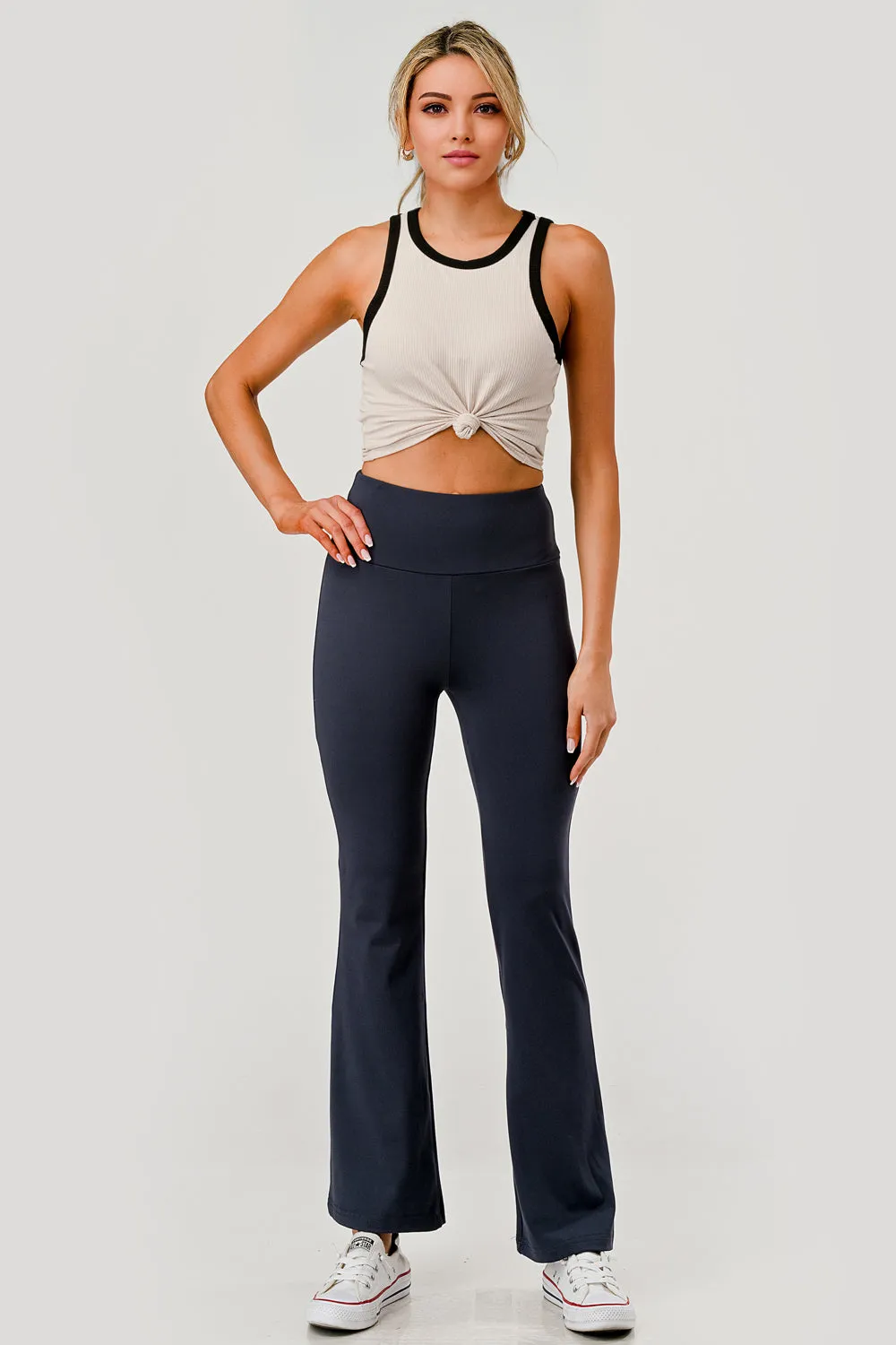 High Waist Soft Brushed Stretch Knit Flare Pants - Graphite