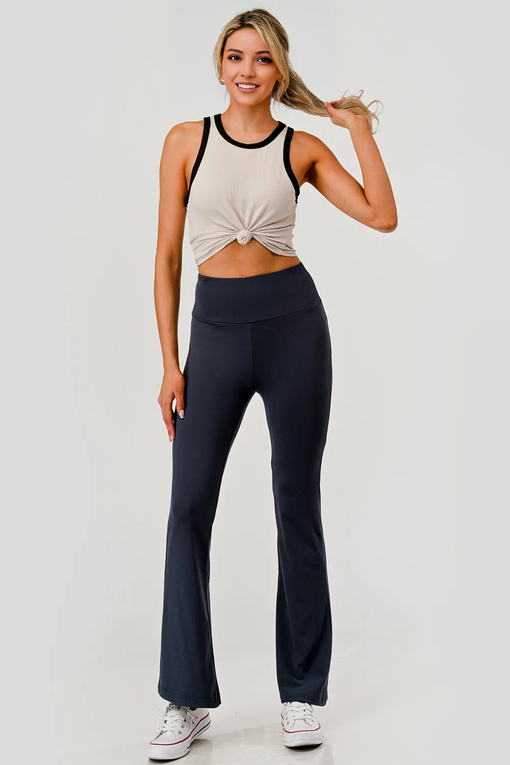 High Waist Soft Brushed Stretch Knit Flare Pants - Graphite