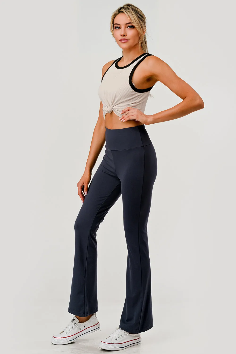 High Waist Soft Brushed Stretch Knit Flare Pants - Graphite