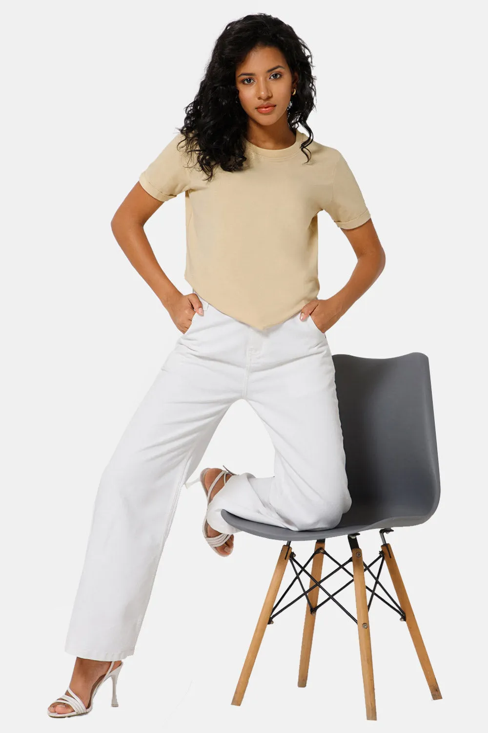 Jusperf Women Half Sleeve Crew Neck T-shirt  - Light Brown - SD23
