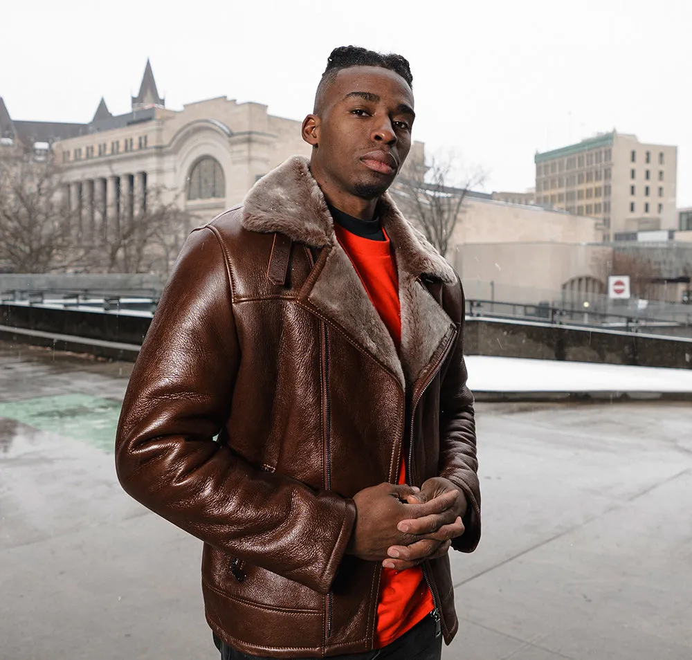 Mateo Brown Biker bomber shearling jacket with lapels