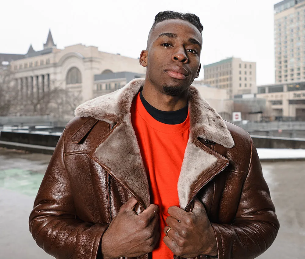 Mateo Brown Biker bomber shearling jacket with lapels