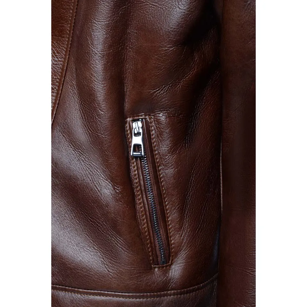 Mateo Brown Biker bomber shearling jacket with lapels