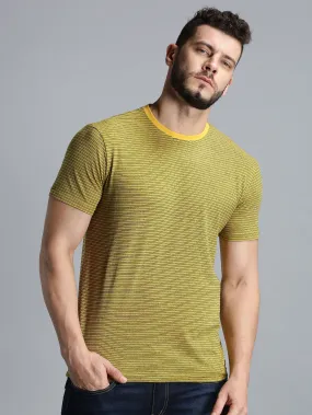 Men Yellow Black Yarn Dyed Stripes Round Neck Recycled Cotton Half Sleeve Regular Fit Casual T-Shirt