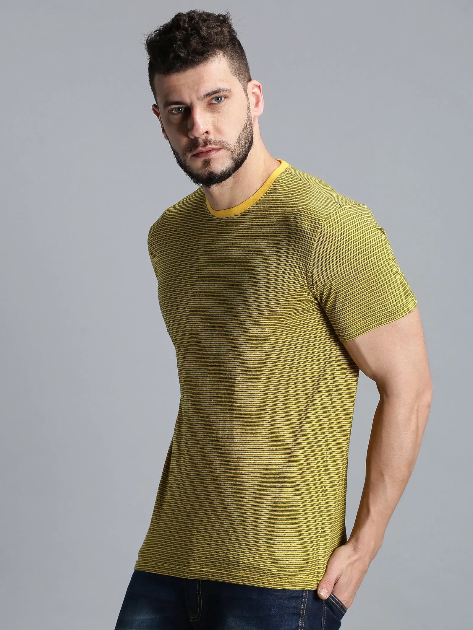 Men Yellow Black Yarn Dyed Stripes Round Neck Recycled Cotton Half Sleeve Regular Fit Casual T-Shirt