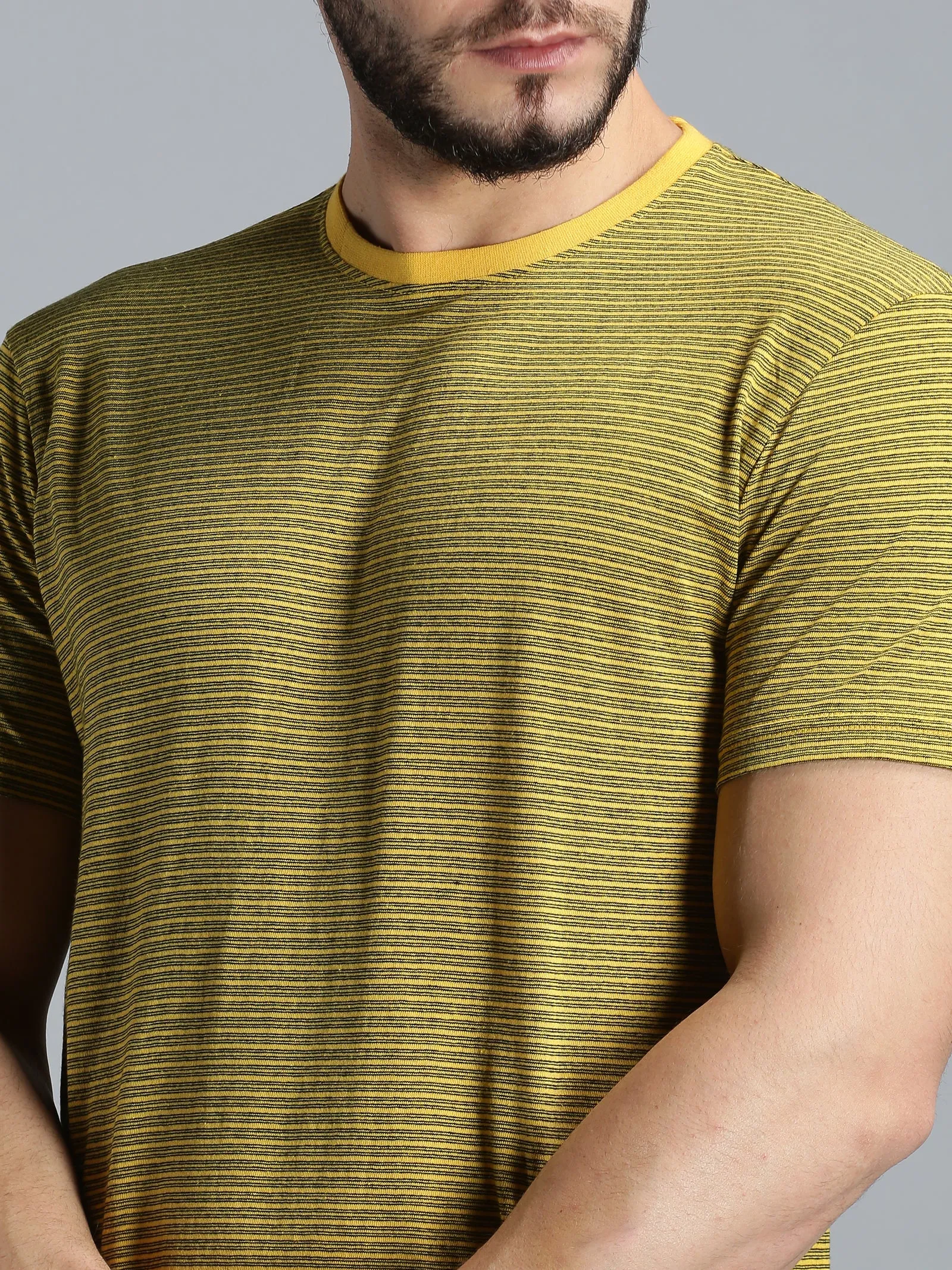 Men Yellow Black Yarn Dyed Stripes Round Neck Recycled Cotton Half Sleeve Regular Fit Casual T-Shirt