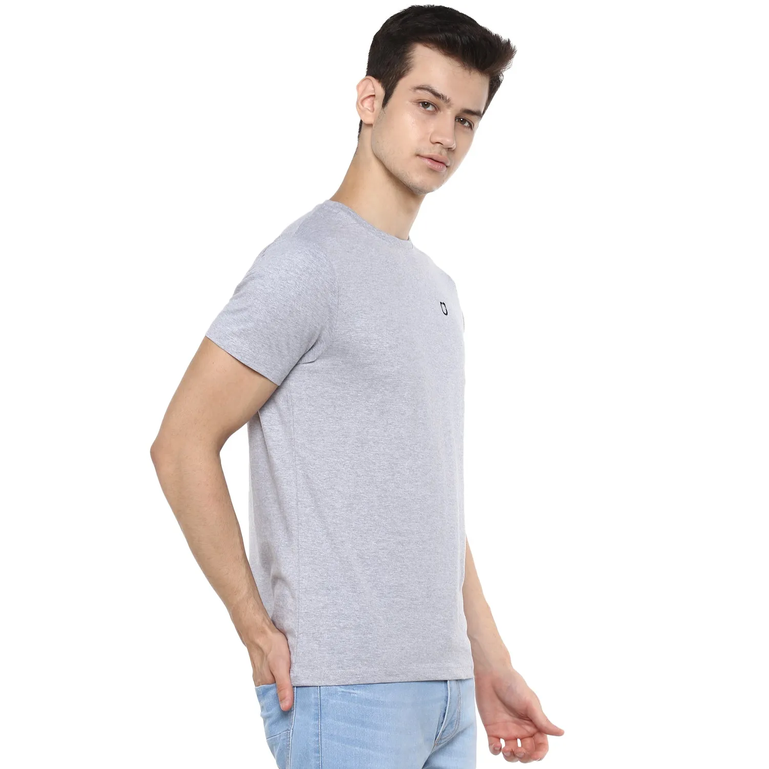 Men's Grey Melange Solid Slim Fit Round Neck Cotton T-Shirt