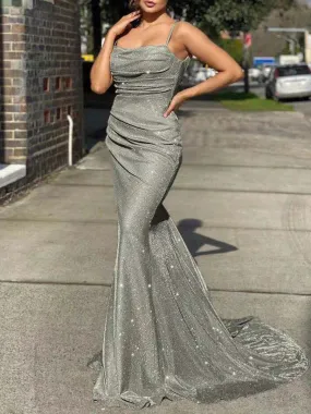 Mermaid Straps Open Back Prom Dresses Polyester Floor Length Evening Dresses