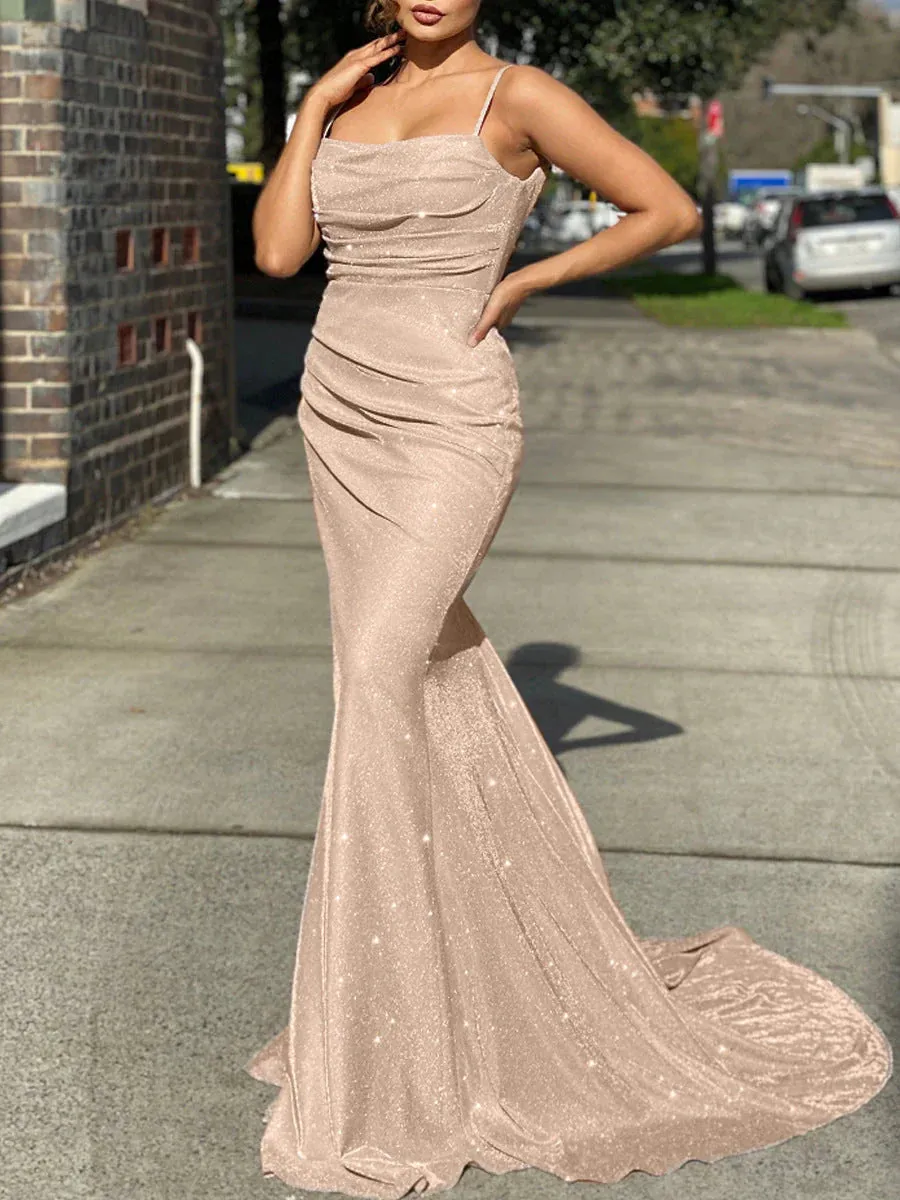 Mermaid Straps Open Back Prom Dresses Polyester Floor Length Evening Dresses