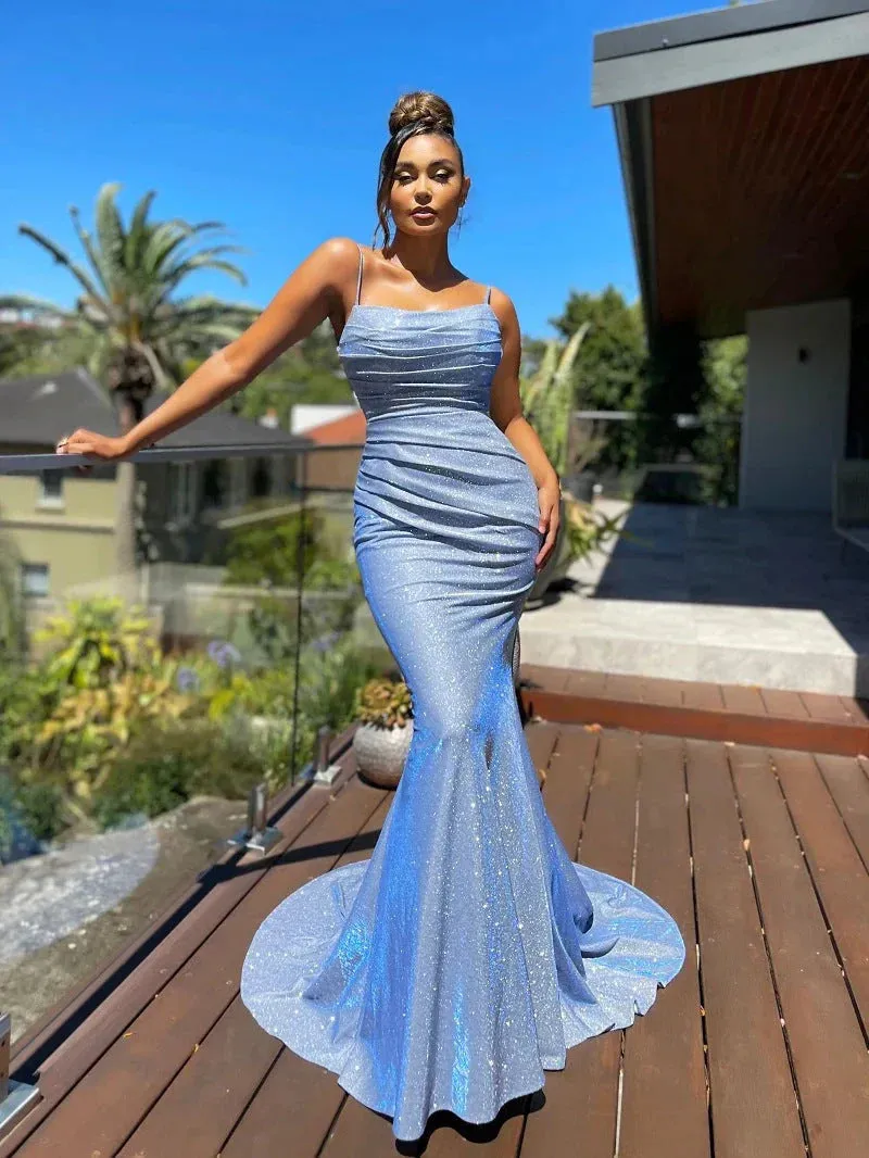 Mermaid Straps Open Back Prom Dresses Polyester Floor Length Evening Dresses