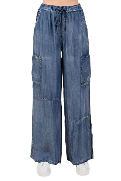 Mittoshop Washed Elastic Waist Cargo Wide Leg Pants (S, M, L)