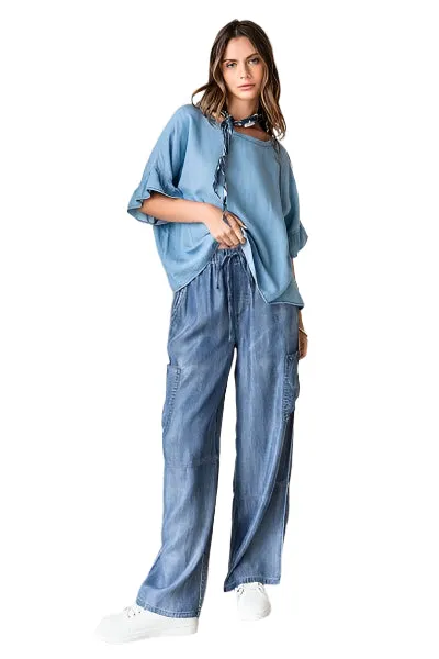 Mittoshop Washed Elastic Waist Cargo Wide Leg Pants (S, M, L)
