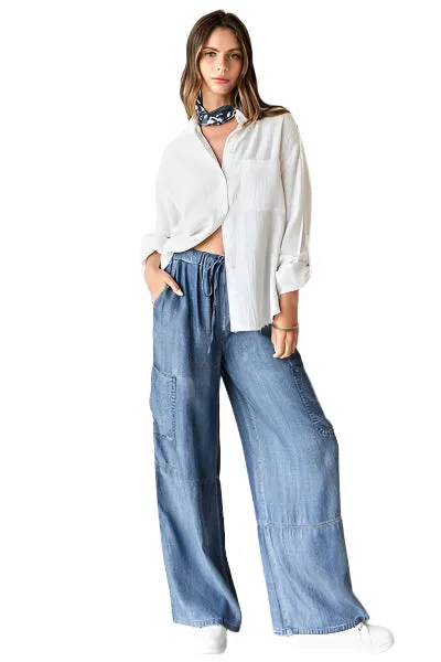 Mittoshop Washed Elastic Waist Cargo Wide Leg Pants (S, M, L)