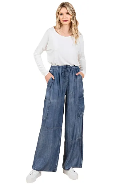 Mittoshop Washed Elastic Waist Cargo Wide Leg Pants (S, M, L)