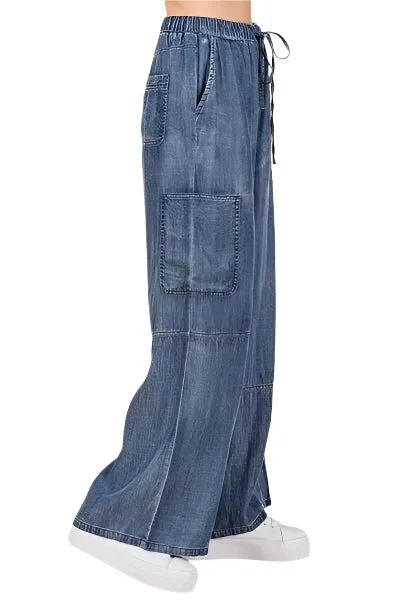 Mittoshop Washed Elastic Waist Cargo Wide Leg Pants (S, M, L)