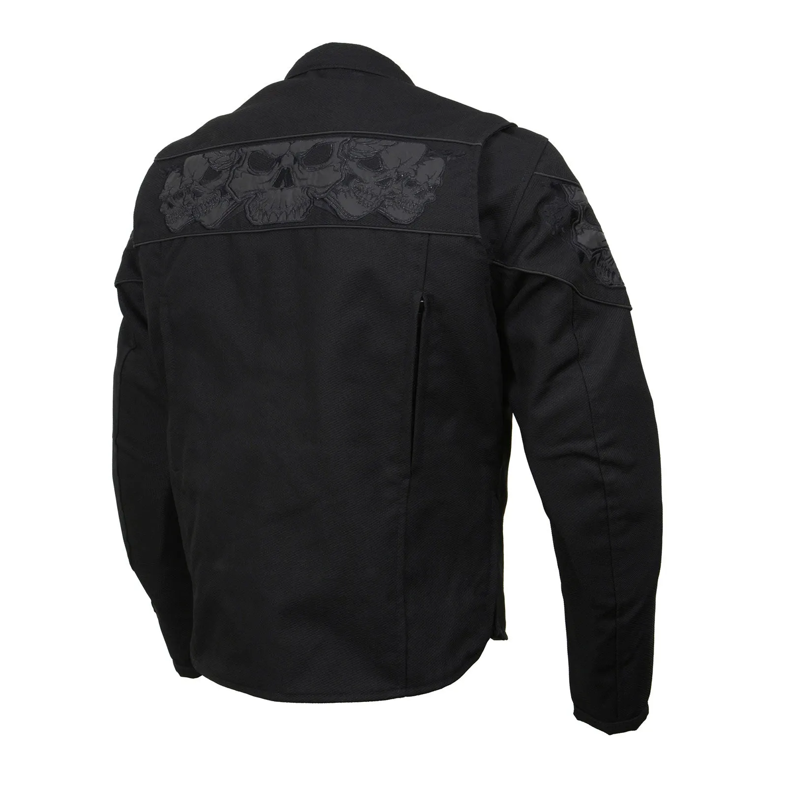 MPM1730 Black Padded Textile Motorcycle Jacket for Men w/ Reflective Skulls - All Season Motorcycle Jacket