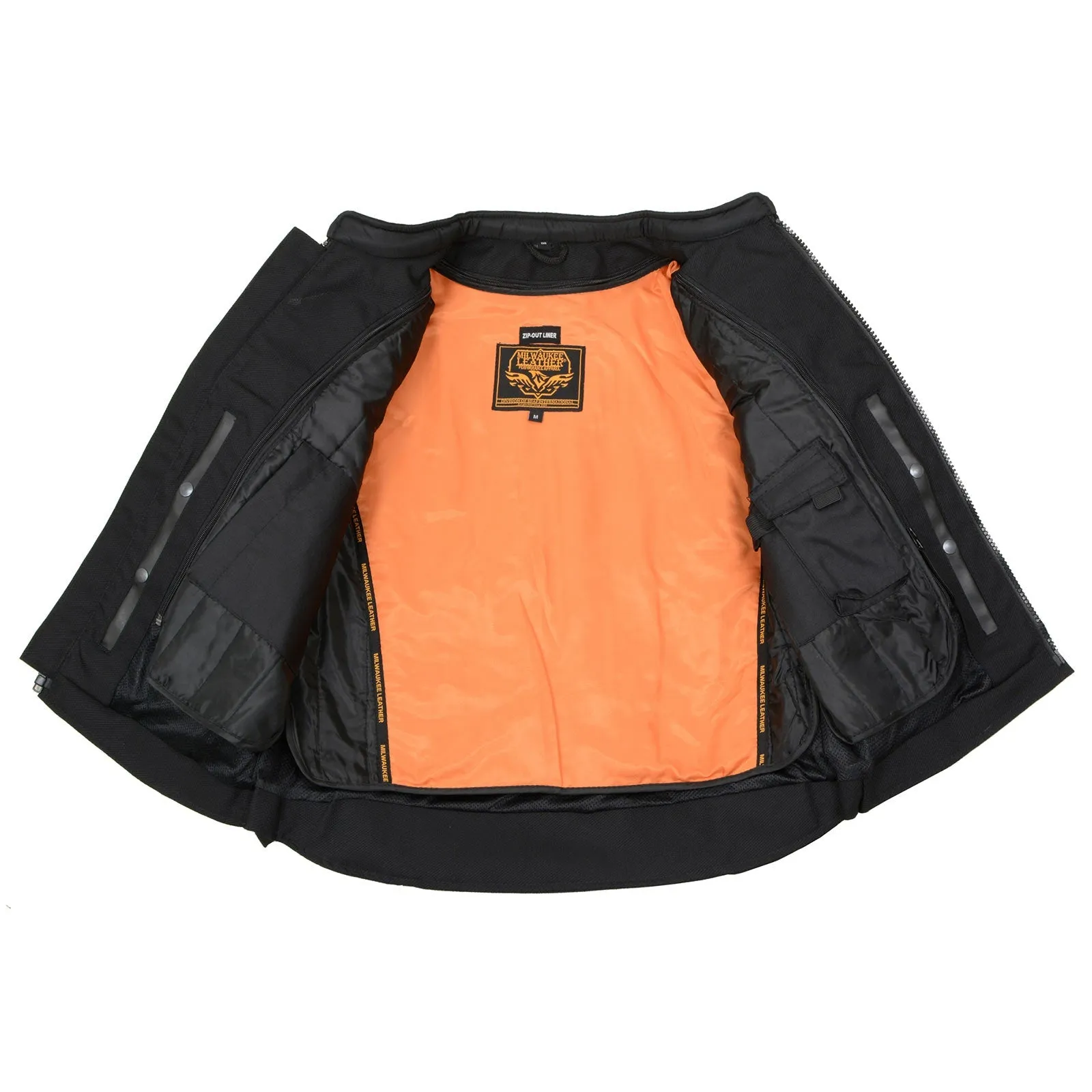 MPM1730 Black Padded Textile Motorcycle Jacket for Men w/ Reflective Skulls - All Season Motorcycle Jacket