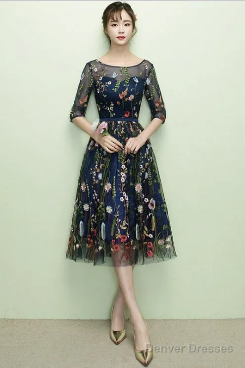 Navy Blue Floral Lace Short Bridesmaid Dresses, Cute Blue Homecoming Dress Prom Dress