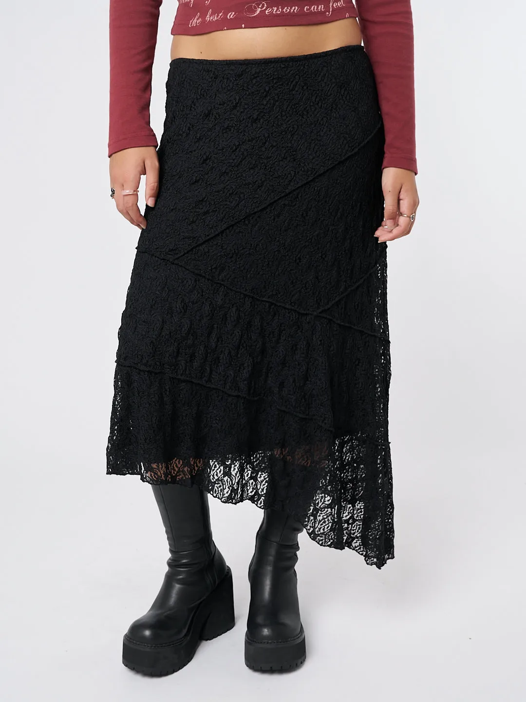 Nolia Black Lace Asymmetric Midi Skirt
