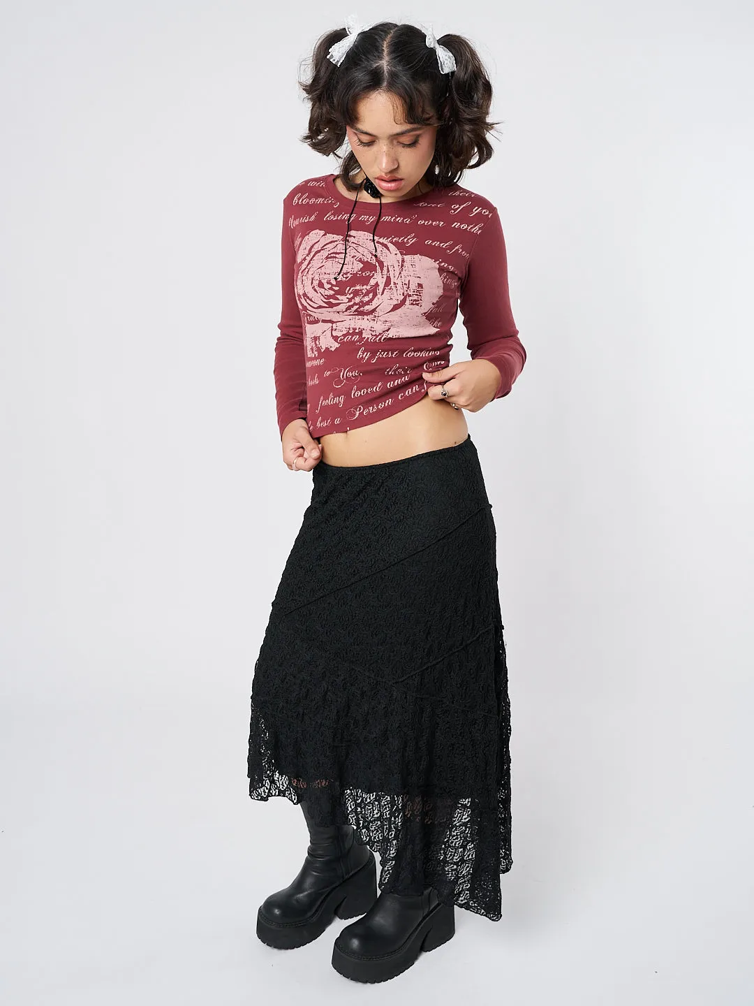 Nolia Black Lace Asymmetric Midi Skirt