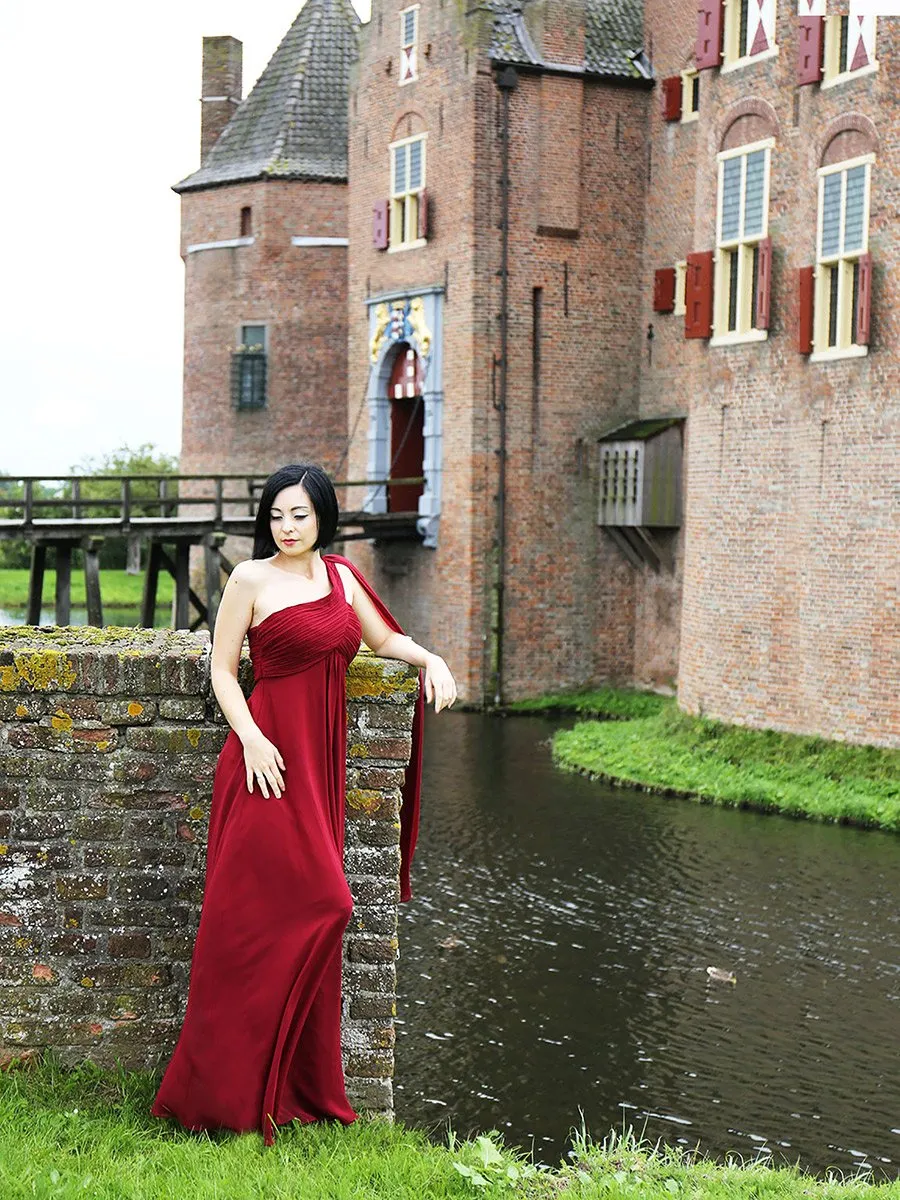 One Shoulder Chiffon Ruffles Long Evening Dresses for Wholesale