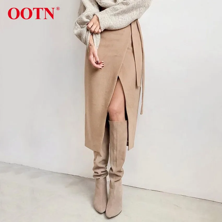 OOTN Khaki Suede Long Skirt Women Autumn