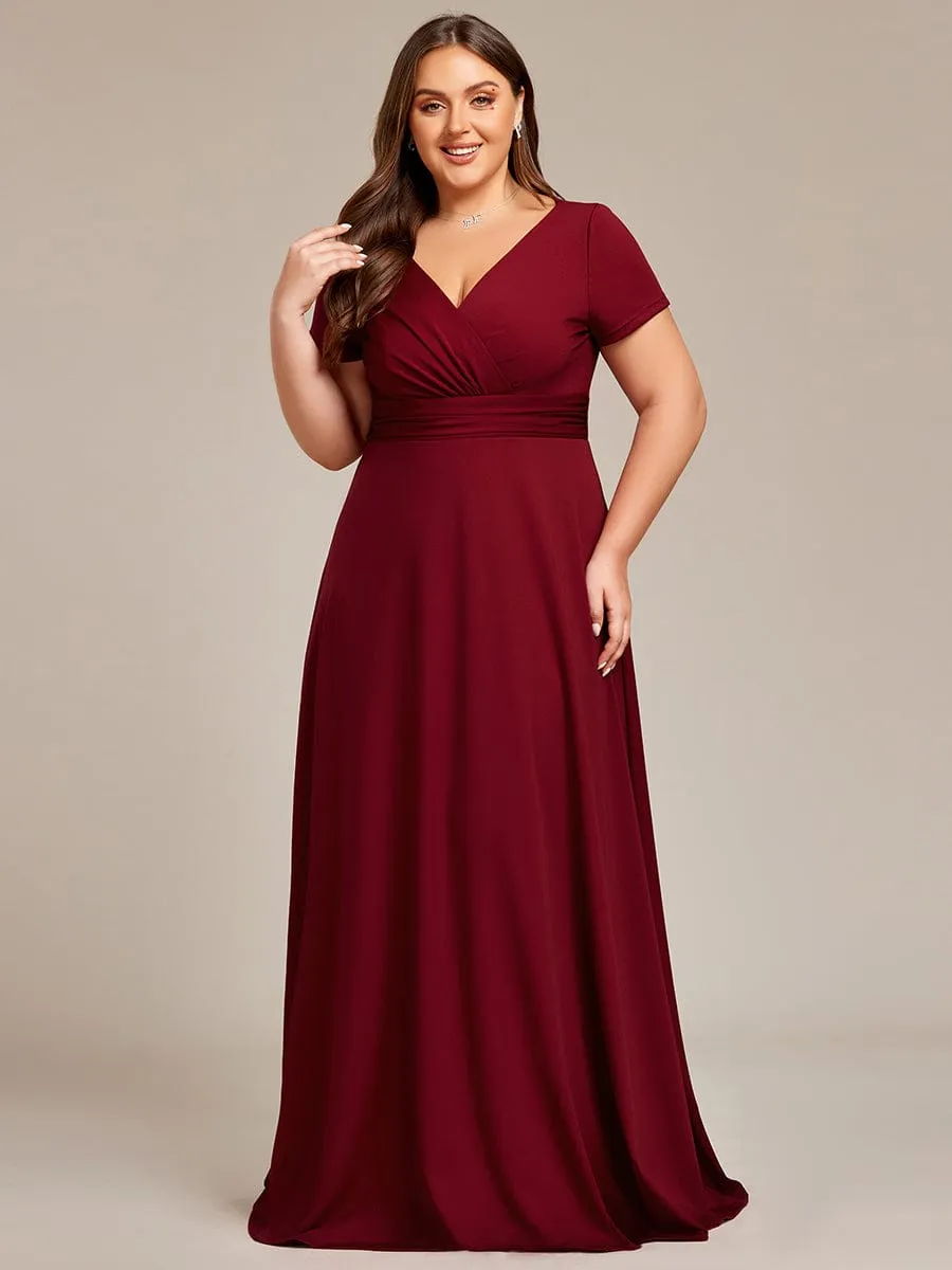 Plus Size Pleated V-Neck Short Sleeves Empire Waist A-Line Bridesmaid Dress