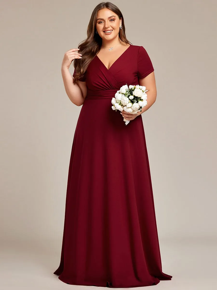 Plus Size Pleated V-Neck Short Sleeves Empire Waist A-Line Bridesmaid Dress