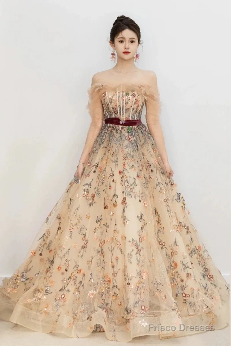 Pretty A Line Off The Shoulder Long Sleeves Floral Tulle Long Length Evening Dress Prom Dresses