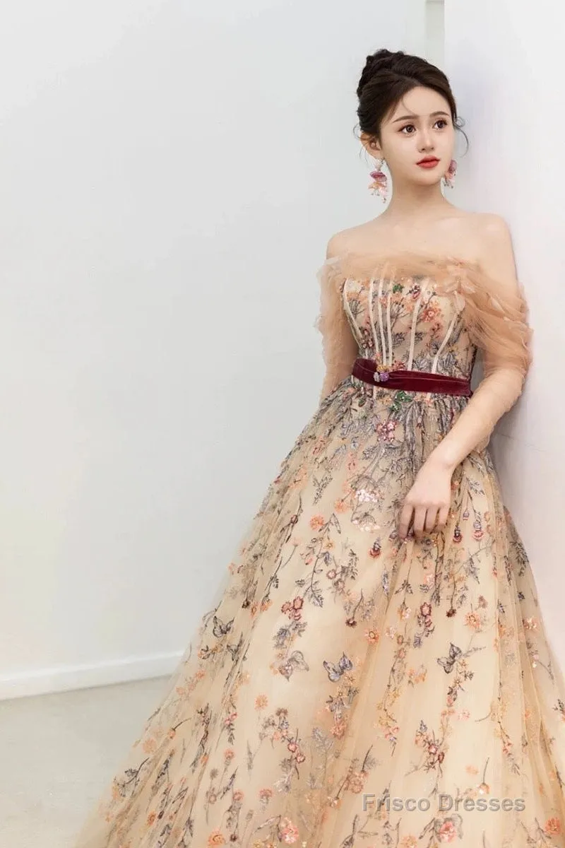 Pretty A Line Off The Shoulder Long Sleeves Floral Tulle Long Length Evening Dress Prom Dresses