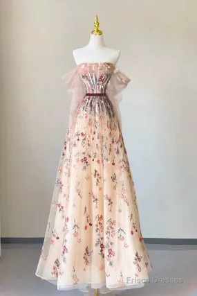 Pretty A Line Off The Shoulder Long Sleeves Floral Tulle Long Length Evening Dress Prom Dresses