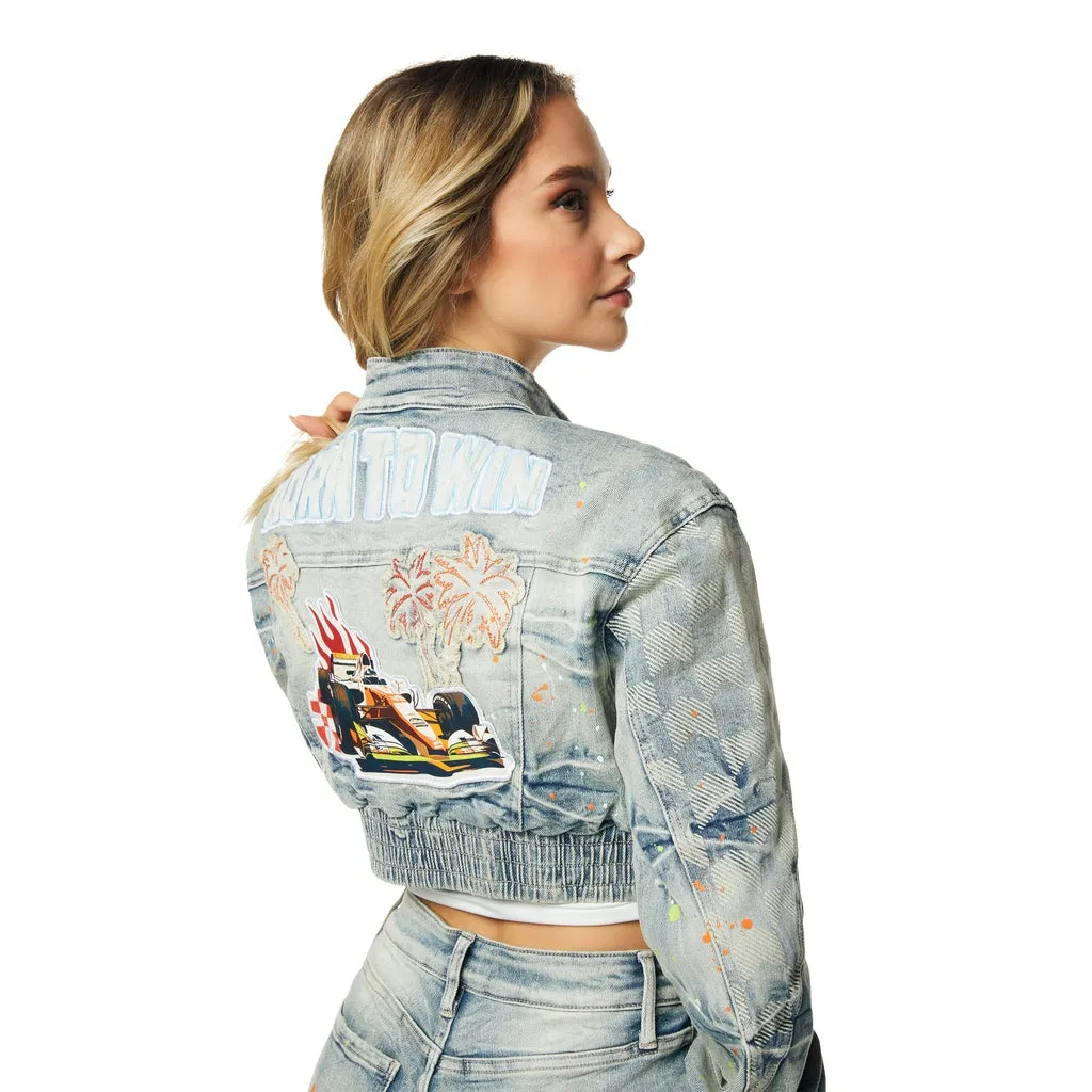 Racing Cropped Jean Jacket - Alpine Blue