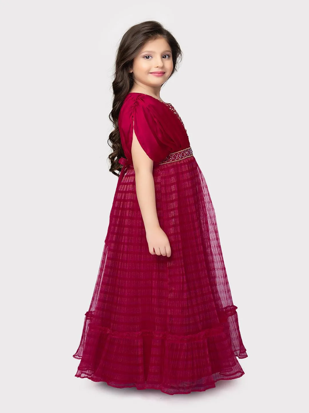 Rani Embellished Georgette Fabric for Party Occasions. Round Neck, Short Puff Sleeves, Trendy Butterfly Style Gown For Girls