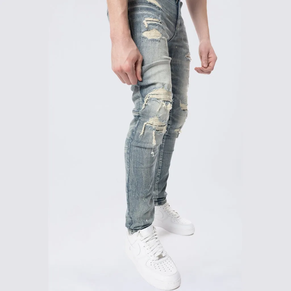 Slim Tapered Rip & Repaired Colored Jeans - Chester Blue