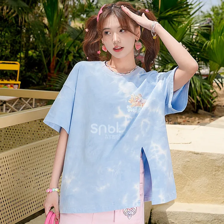 Soft Girl Style Cartoon Angel Printing Round Neck T-shirt