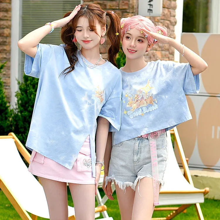 Soft Girl Style Cartoon Angel Printing Round Neck T-shirt