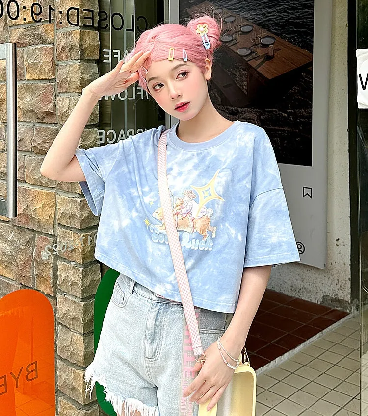 Soft Girl Style Cartoon Angel Printing Round Neck T-shirt