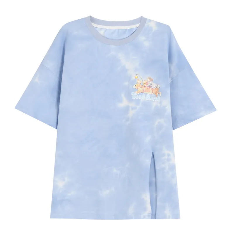 Soft Girl Style Cartoon Angel Printing Round Neck T-shirt