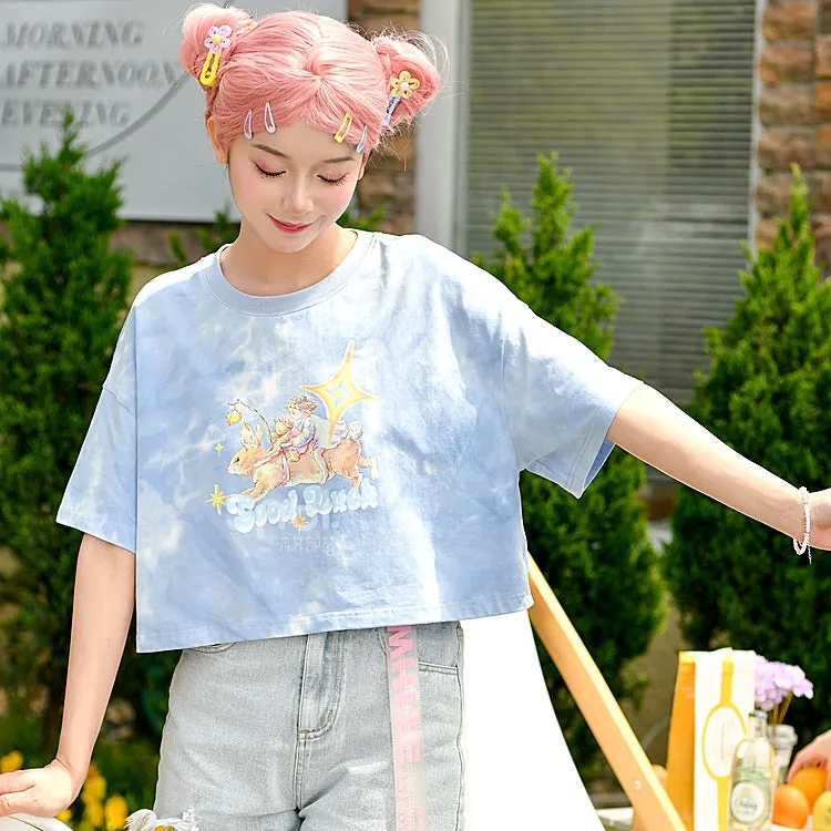 Soft Girl Style Cartoon Angel Printing Round Neck T-shirt
