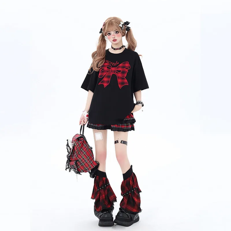 Sweet Girly Style Bow Embroidered Round Neck Loose T-shirt