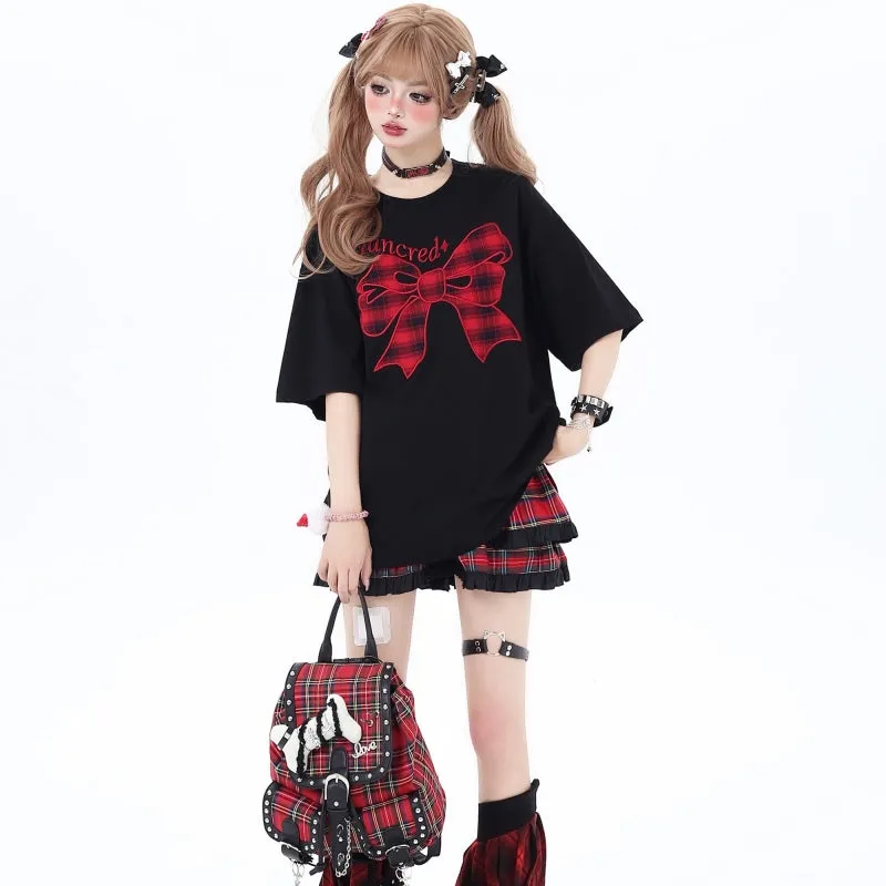 Sweet Girly Style Bow Embroidered Round Neck Loose T-shirt