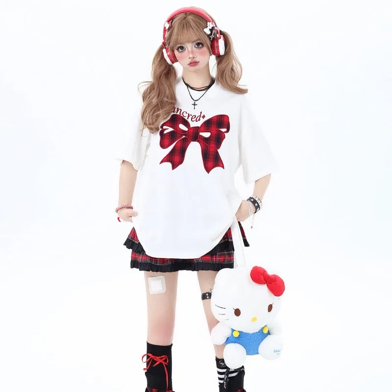 Sweet Girly Style Bow Embroidered Round Neck Loose T-shirt