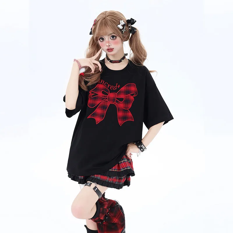 Sweet Girly Style Bow Embroidered Round Neck Loose T-shirt
